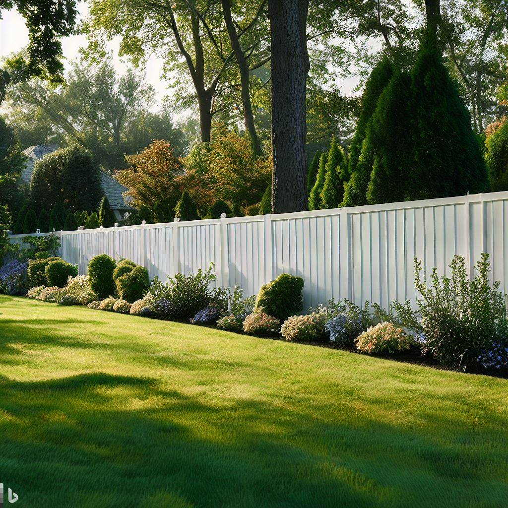 White 8 Ft Tall Vinyl Privacy Fence Panel in a landscaped backyard