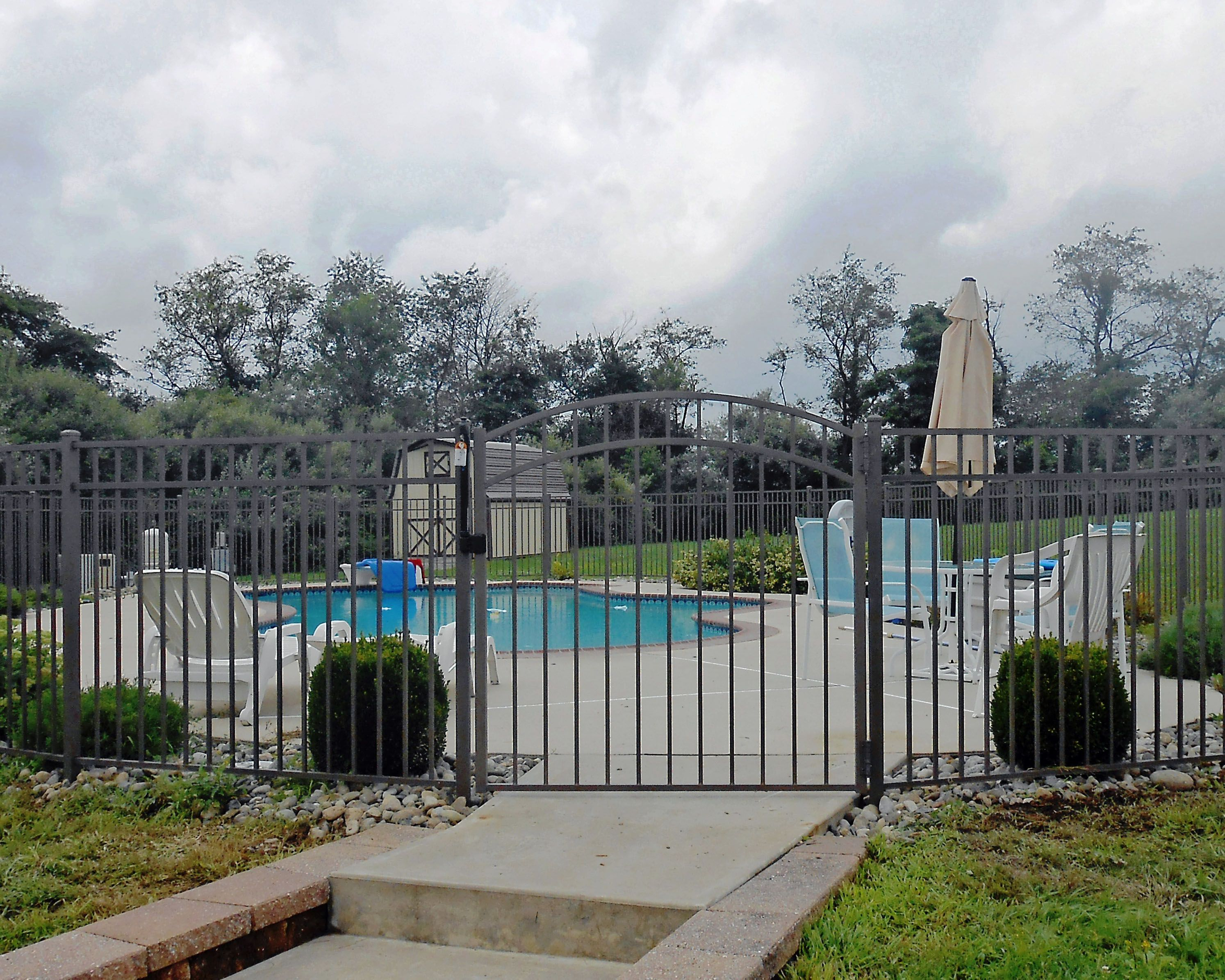 Bronze Aluminum Arched Gate With Magna Latch And Self Closing Hinges in dimensions 2988 X 2390