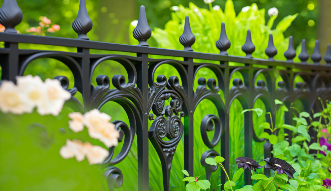 A black wrought iron ornamental metal garden fence with intricate scrollwork in a lush garden setting.