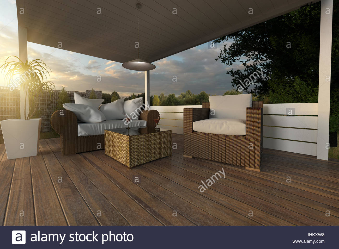 3d Rendering Of Rattan Garden Furniture On Wooden Patio At regarding size 1300 X 956