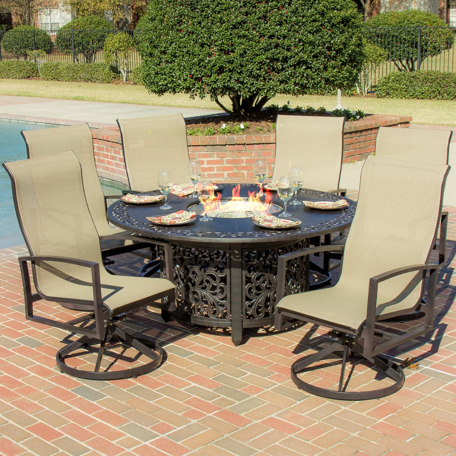 Acadia 7 Piece Sling Patio Fire Pit Dining Set With Swivel inside proportions 1499 X 1499