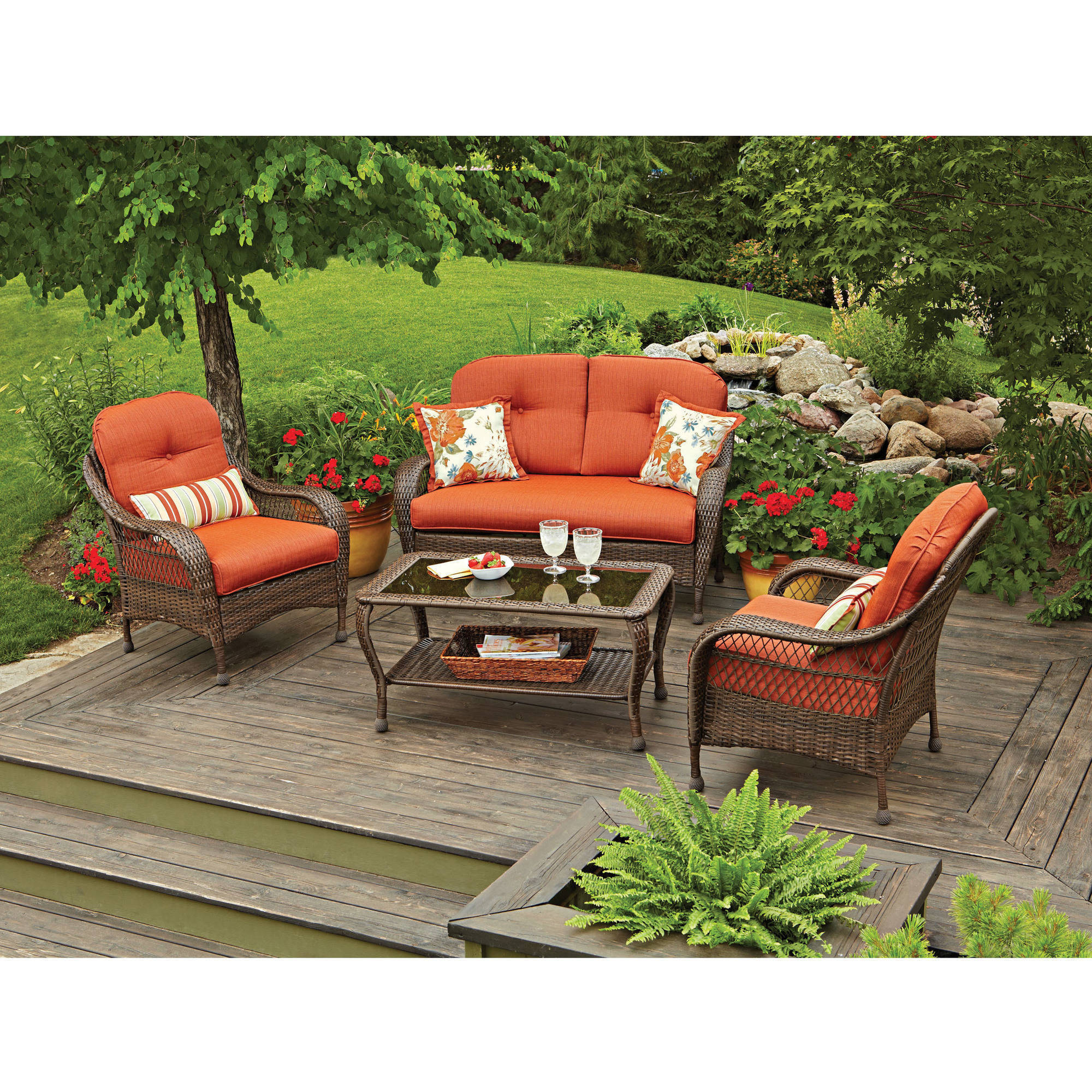 Better Homes Gardens Azalea Ridge Outdoor Conversation Set With Orange Cushions Walmart intended for proportions 2000 X 2000