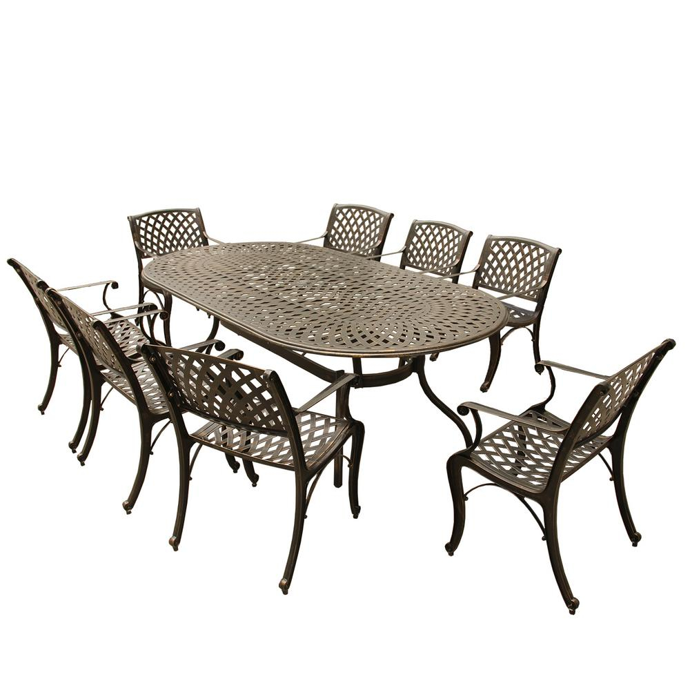 Contemporary Modern Mesh Lattice 9 Piece Bronze Aluminum Oval Outdoor Dining Set With 8 Arm Chairs for proportions 1000 X 1000