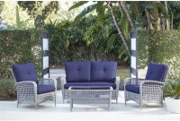 Cosco Lakewood Ranch 4 Piece Gray Resin Wicker Patio Conversation Set With Coffee Table And Navy Blue Cushion with regard to proportions 1000 X 1000