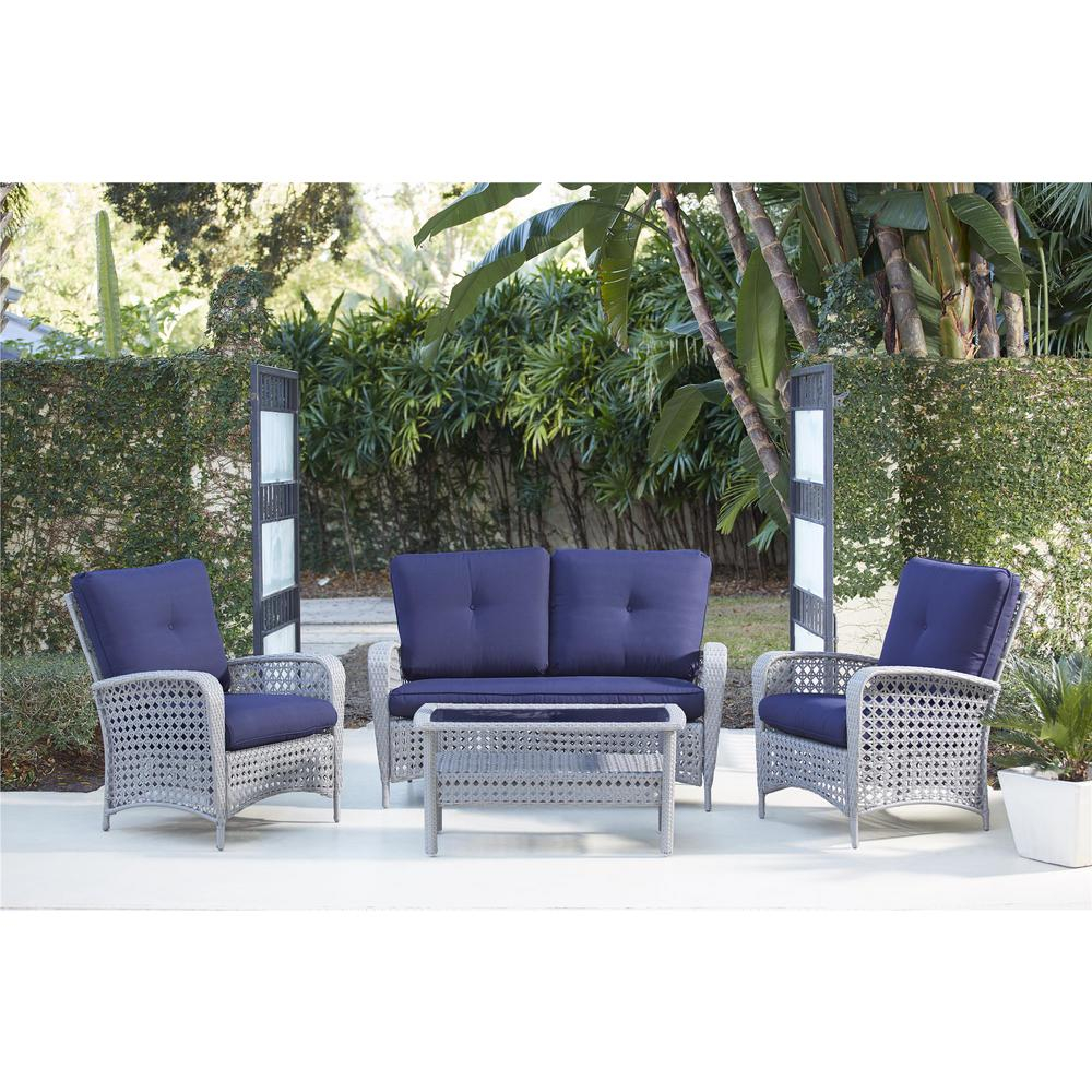 Cosco Lakewood Ranch 4 Piece Gray Resin Wicker Patio Conversation Set With Coffee Table And Navy Blue Cushion with regard to proportions 1000 X 1000
