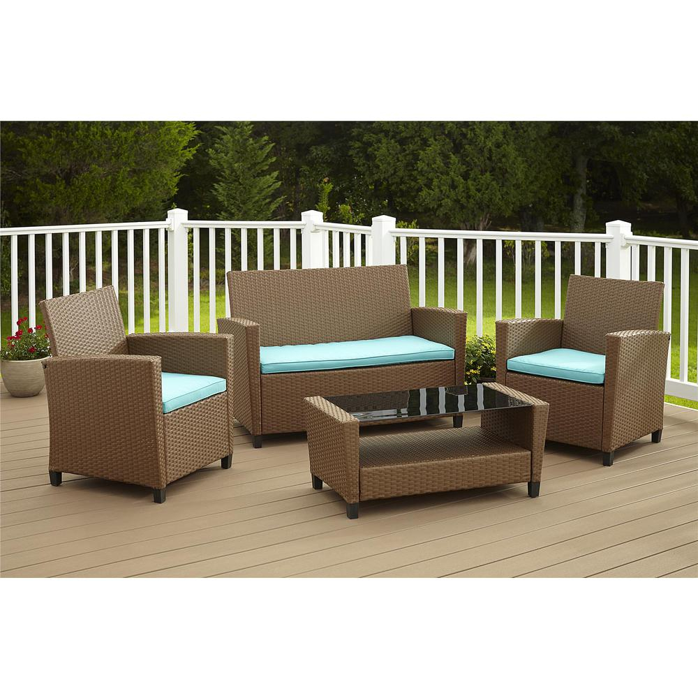 Cosco Malmo 4 Piece Brown Resin Wicker Patio Conversation Set With Blue Cushions with regard to measurements 1000 X 1000