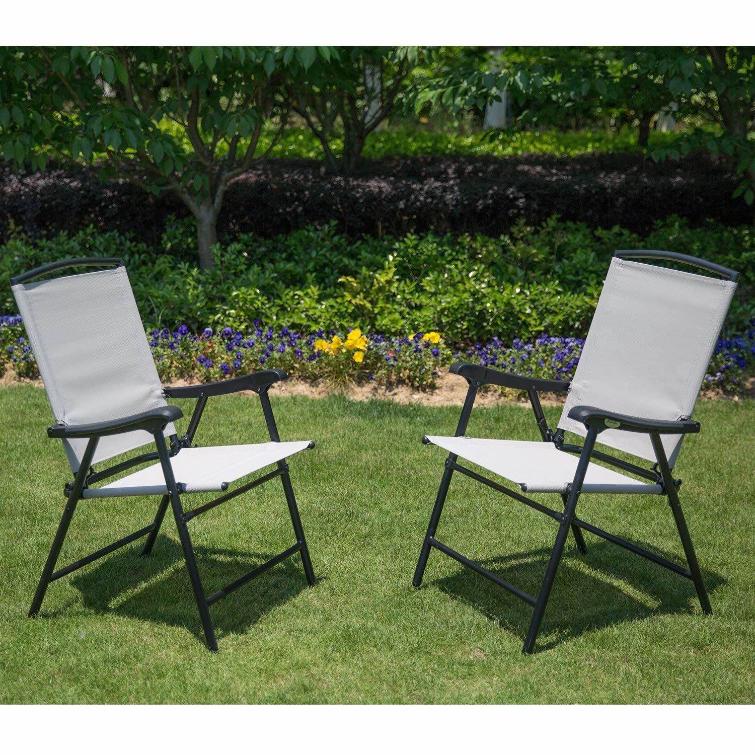 Details About Folding Patio Chair Set Of 2 Lawn Deck Chairs Metal Beige Fabric 300 Lb Capacity intended for sizing 1500 X 1500