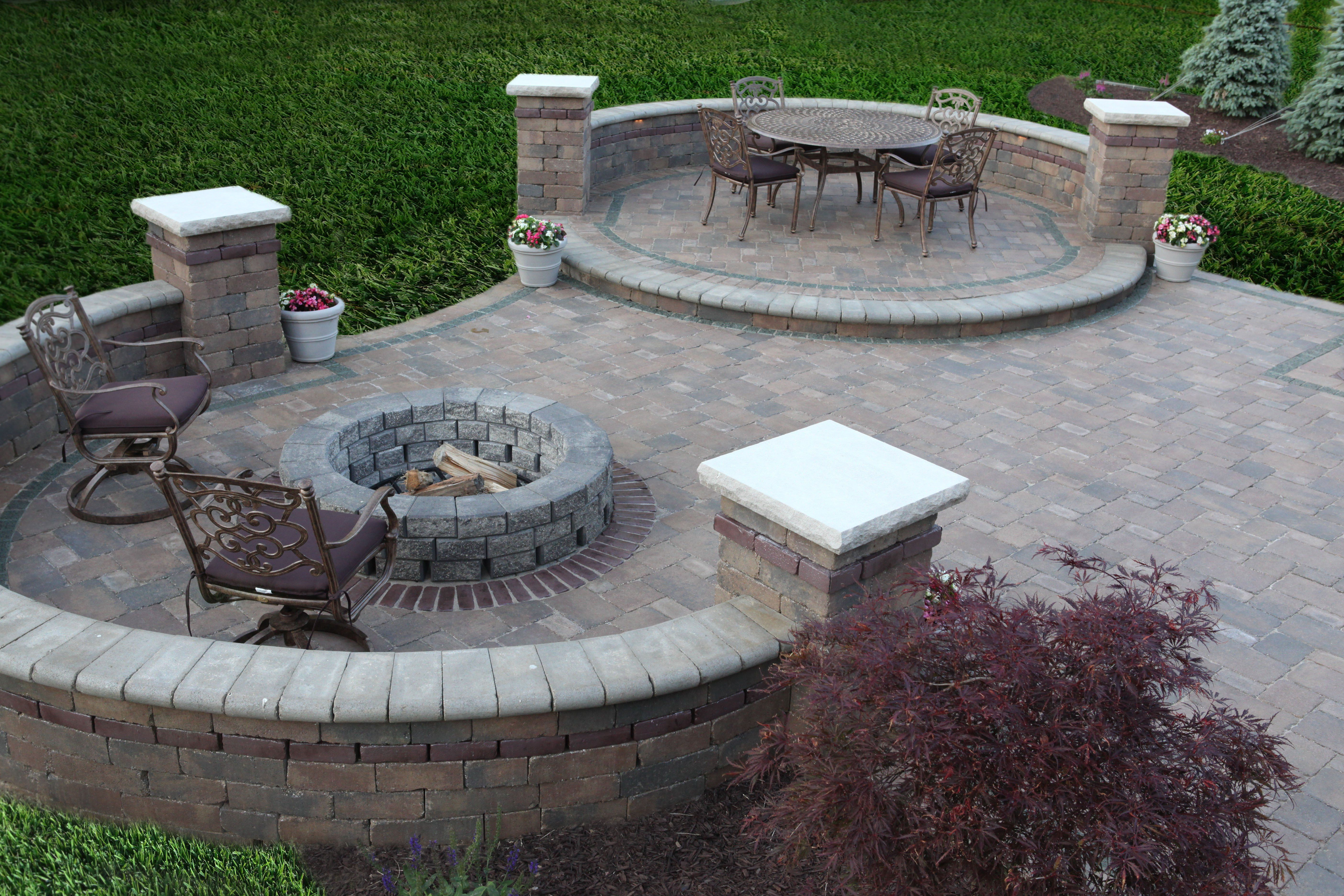 Exterior Grey Brick Stone Bench Patio With Grey Fire Pit within dimensions 5616 X 3744