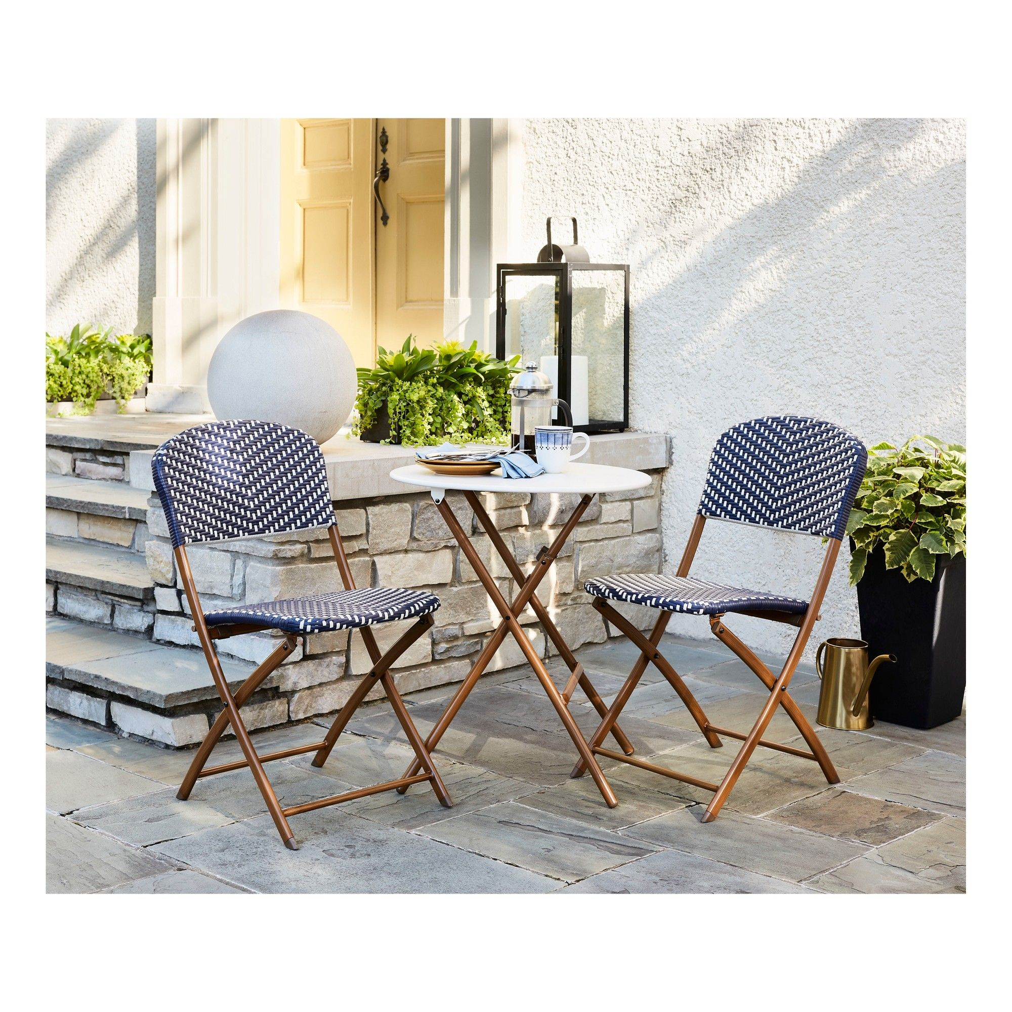 French Caf 3pc Wicker Folding Patio Bistro Set Navywhite with regard to measurements 2000 X 2000