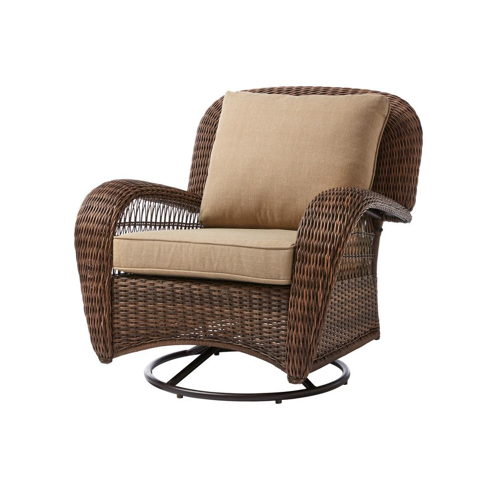 Hampton Bay Beacon Park Brown Wicker Outdoor Patio Swivel Lounge Chair With Standard Toffee Trellis Tan Cushions intended for size 1000 X 1000