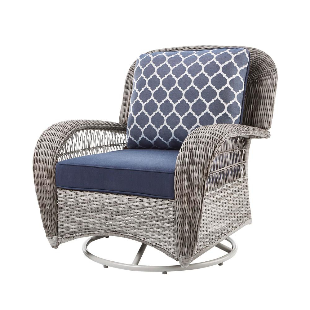 Hampton Bay Beacon Park Gray Wicker Outdoor Patio Swivel Lounge Chair With Standard Midnight Trellis Navy Blue Cushions inside proportions 1000 X 1000