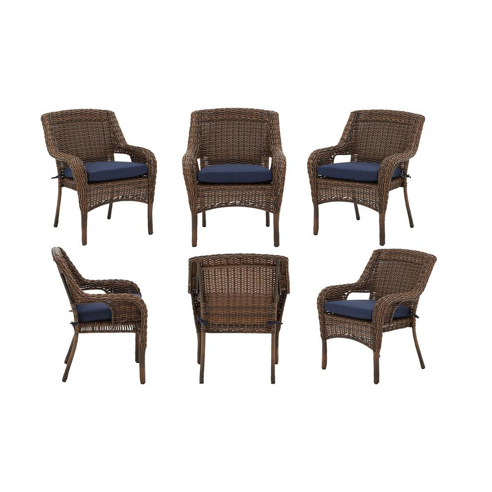 Hampton Bay Cambridge Brown Stationary Resin Wicker Outdoor Dining Chairs With Blue Cushions Chairs 6 Pack inside size 1000 X 1000