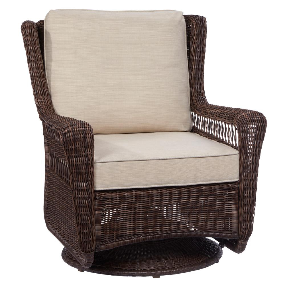 Hampton Bay Park Meadows Brown Swivel Rocking Wicker Outdoor Lounge Chair With Beige Cushion throughout proportions 1000 X 1000