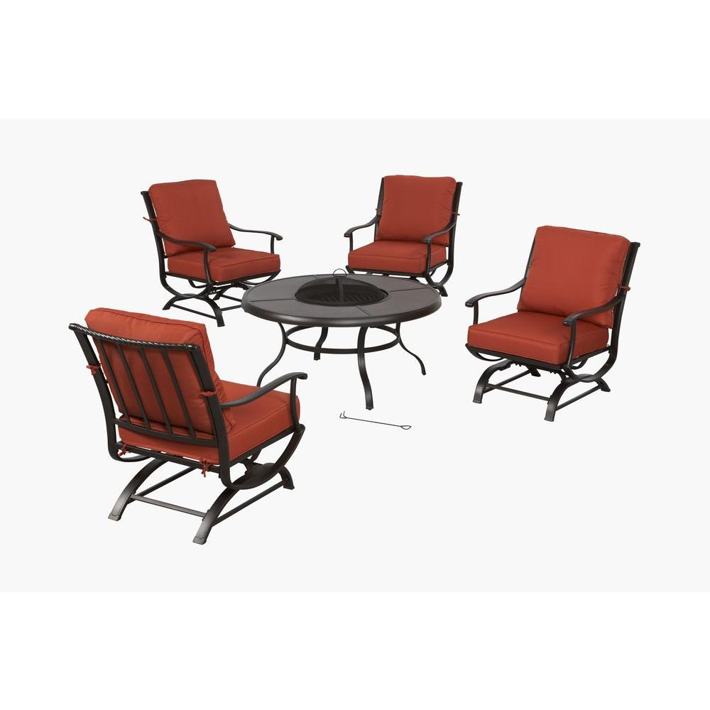 Hampton Bay Redwood Valley 5 Piece Metal Patio Fire Pit Seating Set With Quarry Red Cushions intended for dimensions 1000 X 1000