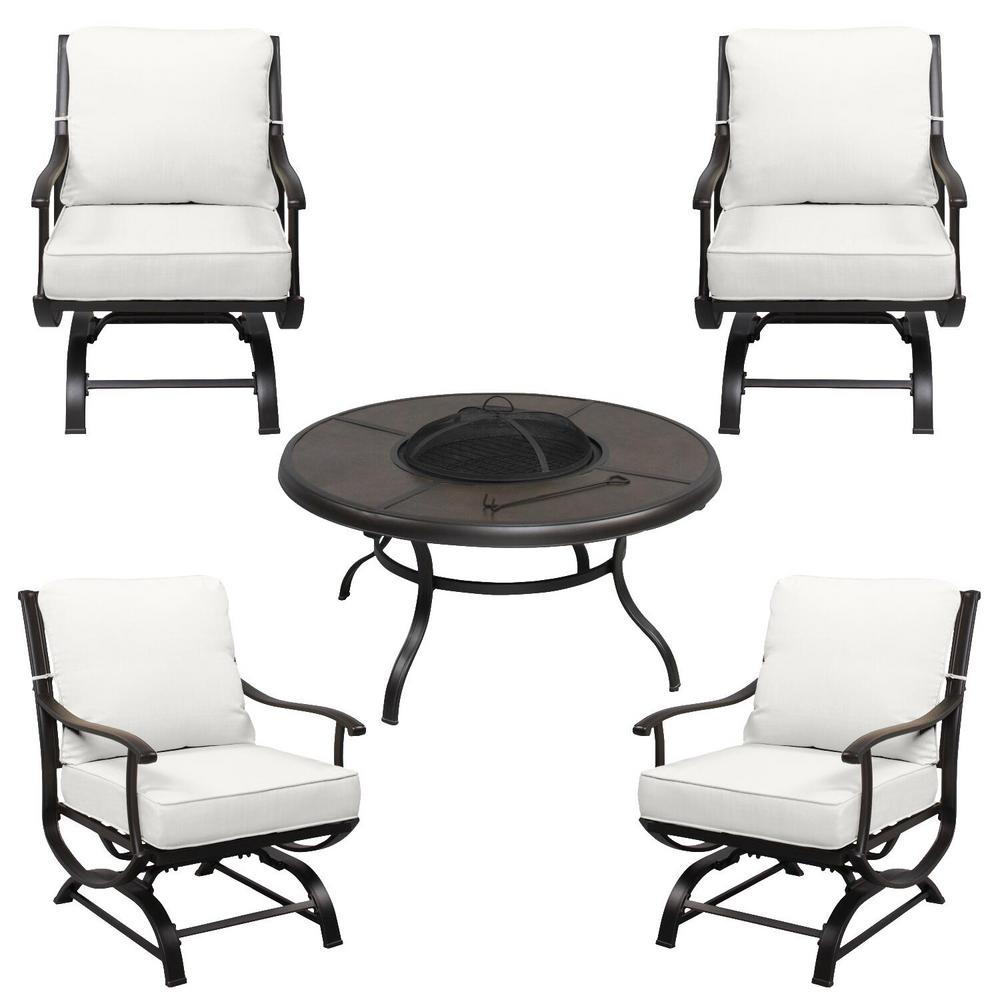 Hampton Bay Redwood Valley Black 5 Piece Steel Outdoor Patio Fire Pit Seating Set With Cushionguard Chalk White Cushions in sizing 1000 X 1000