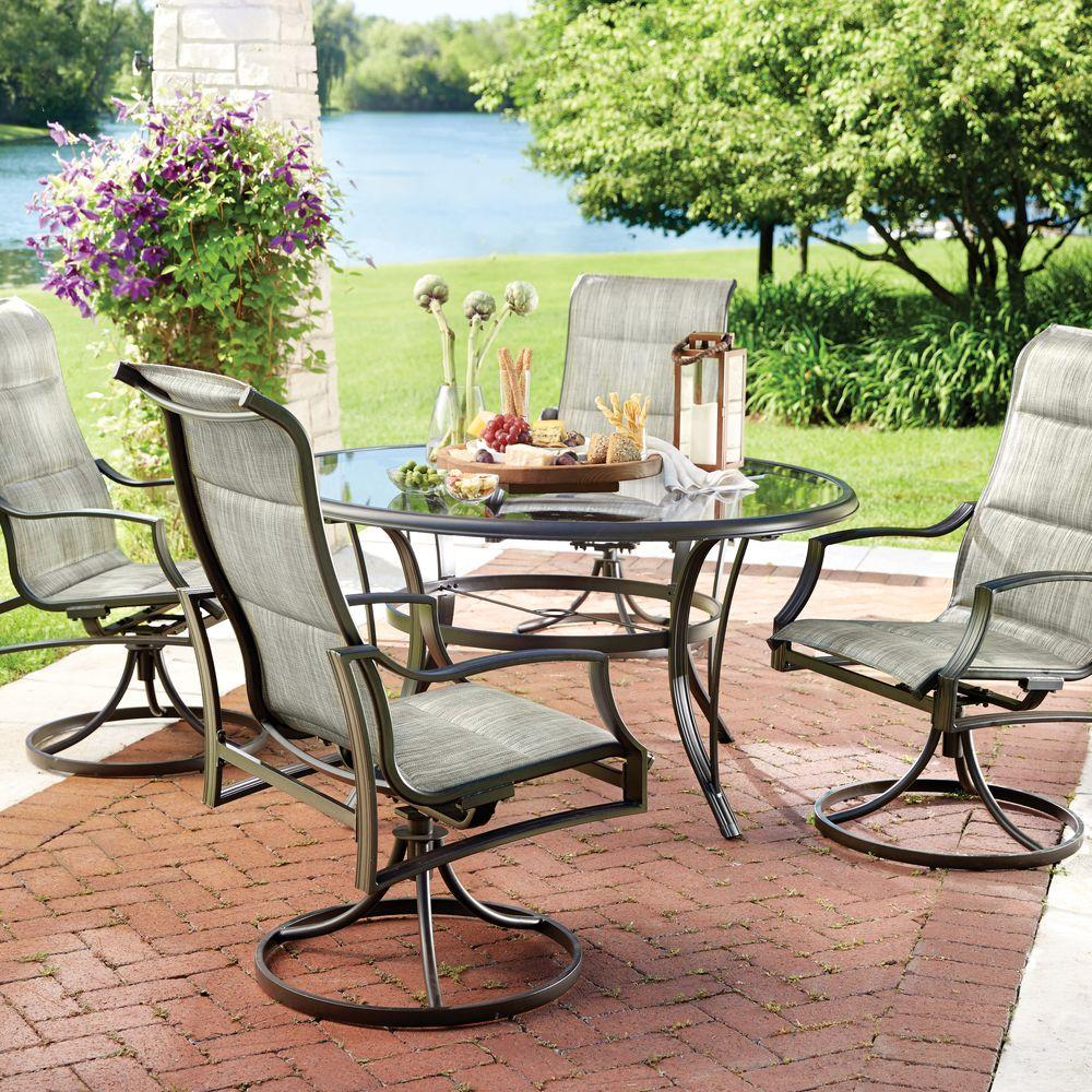 Hampton Bay Statesville 5 Piece Padded Sling Patio Dining Set With 53 In Glass Top regarding sizing 1000 X 1000