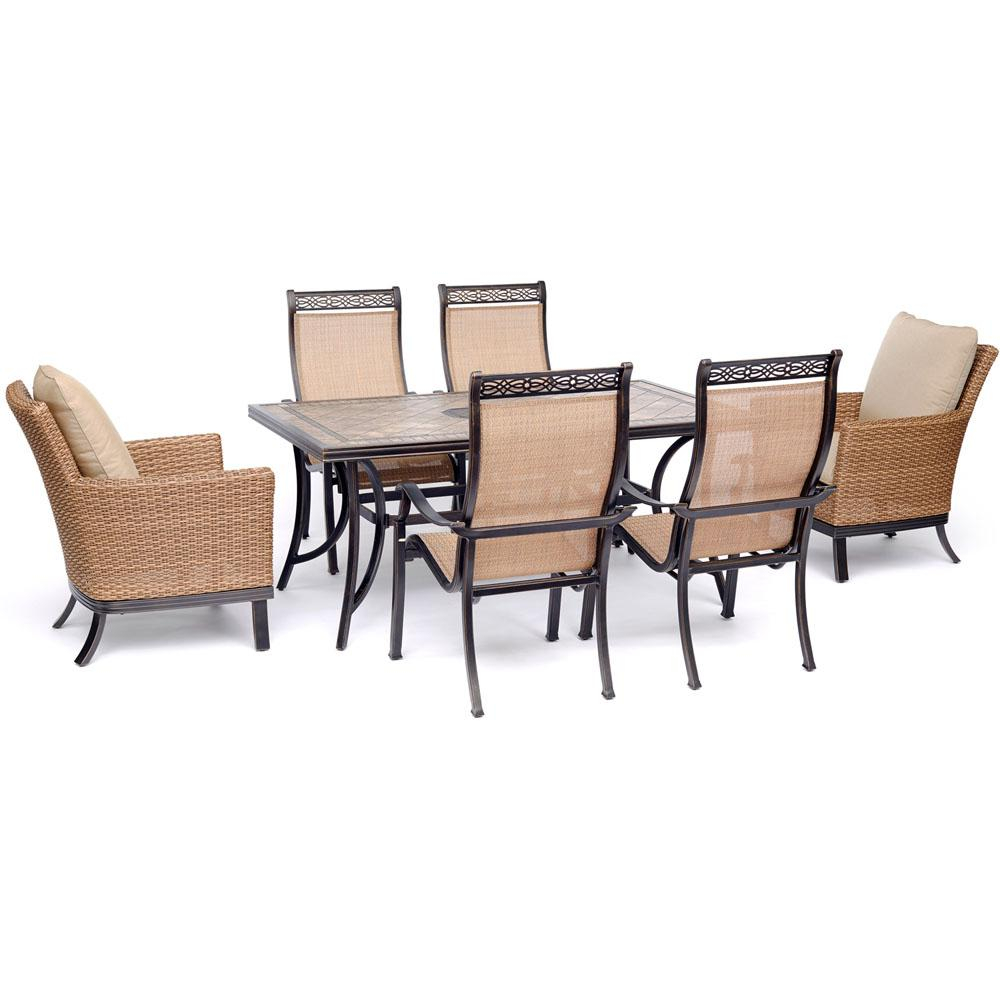 Hanover Monaco 7 Piece Aluminum Outdoor Dining Set With Tan Cushions 2 Woven Armchairs 4 Pvc Sling Chairs Tile Table for proportions 1000 X 1000