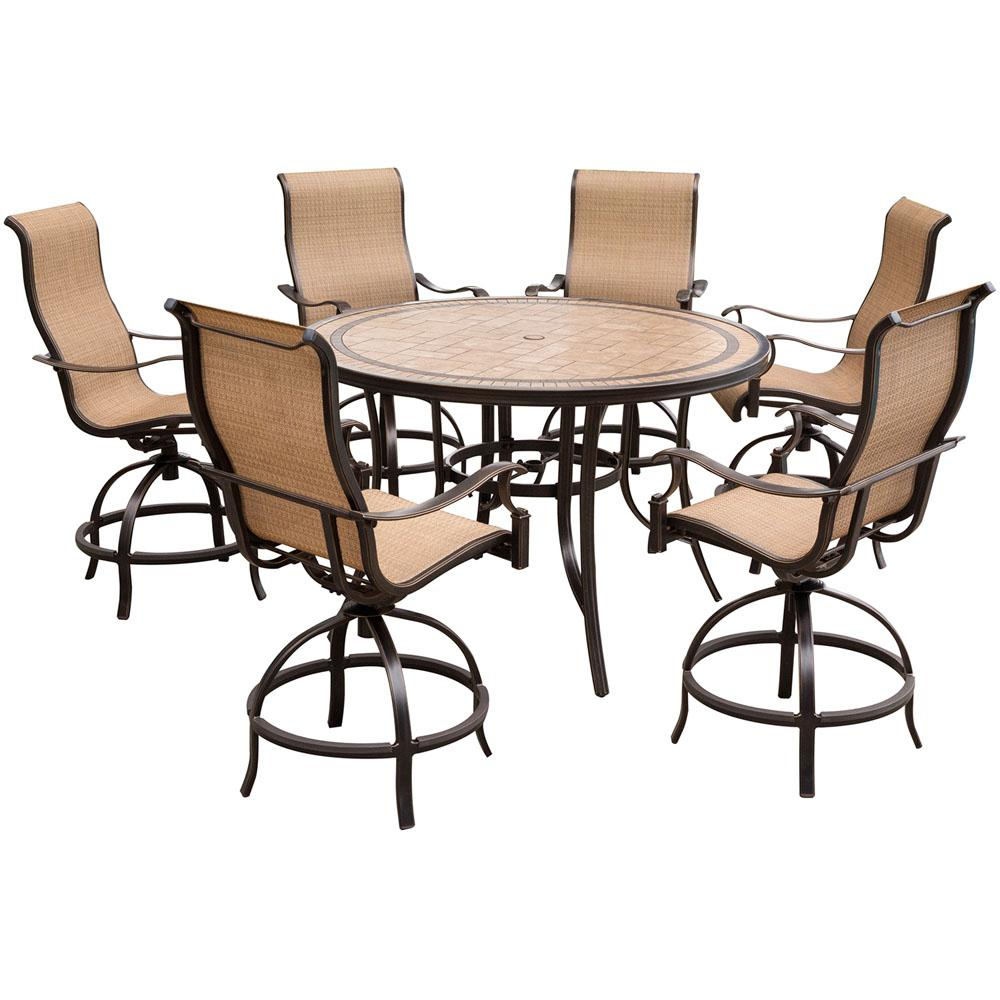 Hanover Monaco 7 Piece Aluminum Outdoor High Dining Set With Round Tile Top Table And Contoured Sling Swivel Chairs in measurements 1000 X 1000