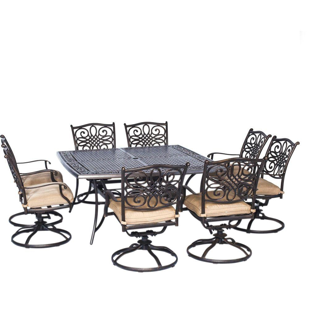 Hanover Traditions 9 Piece Aluminium Square Patio Dining Set With Eight Swivel Dining Chairs And Natural Oat Cushions in dimensions 1000 X 1000