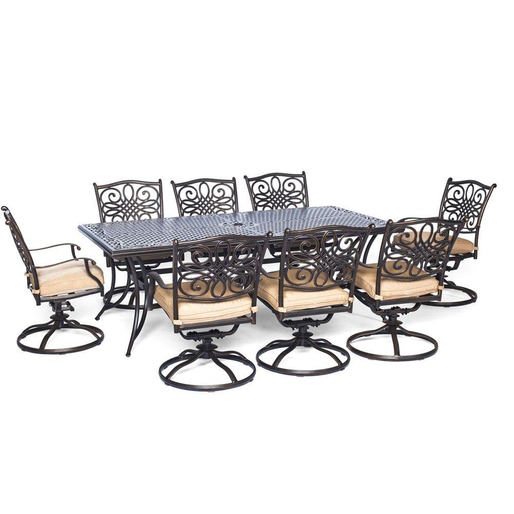 Hanover Traditions 9 Piece Aluminum Rectangular Patio Outdoor Dining Set W Eight Swivel Dining Chairs And Natural Oat Cushions for dimensions 1000 X 1000