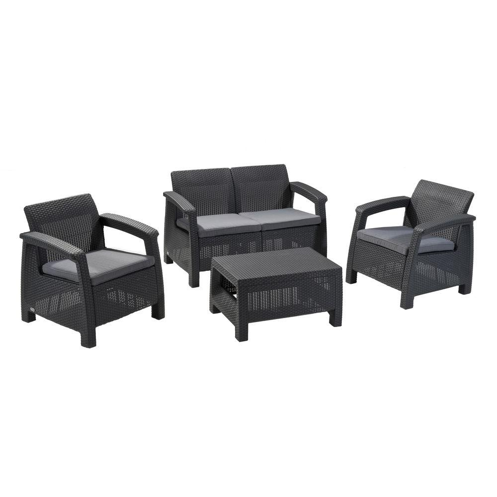 Keter Corfu Grey 4 Piece All Weather Resin Patio Seating Set With Grey Cushions within proportions 1000 X 1000