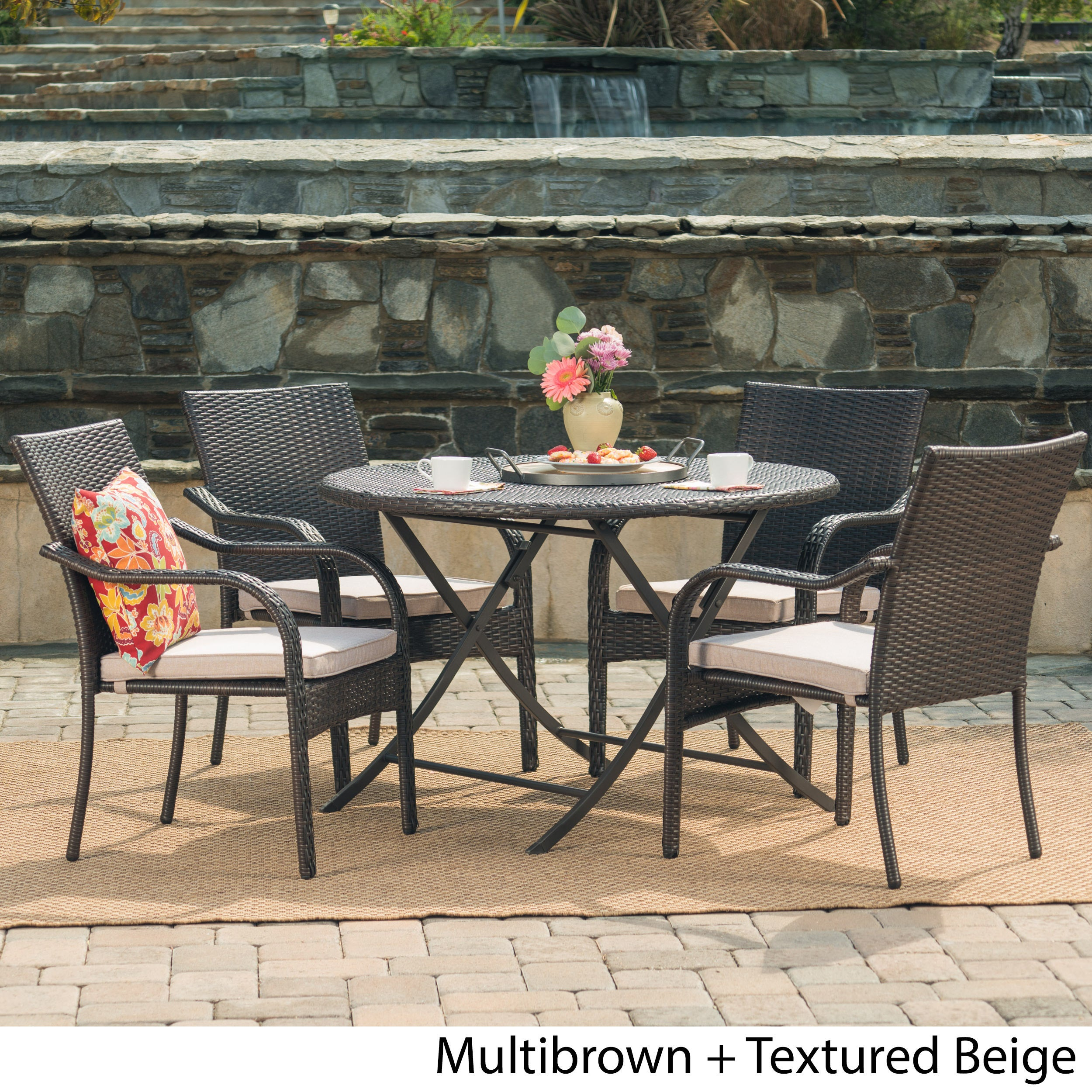 Lula Outdoor 5 Piece Round Foldable Wicker Dining Set With Umbrella Hole Cushions Christopher Knight Home in sizing 2500 X 2500