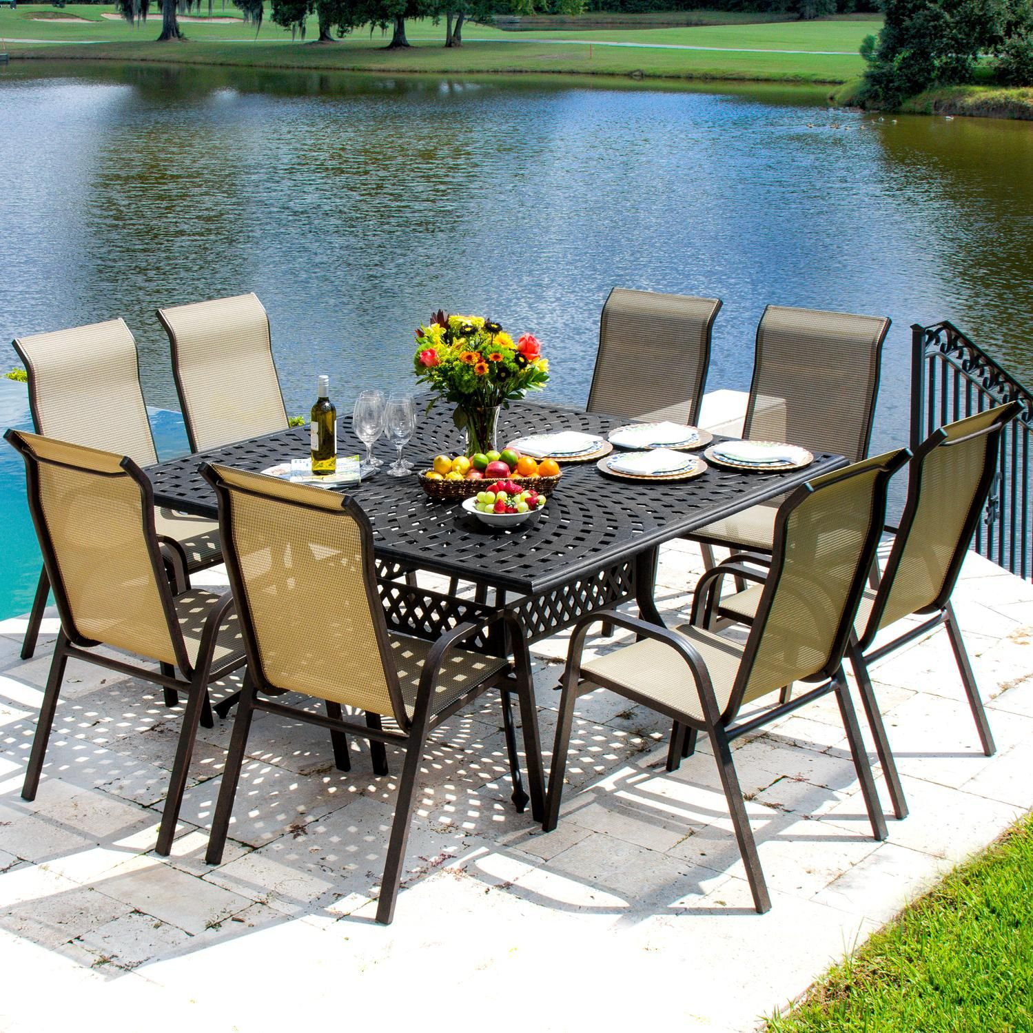 Madison Bay 9 Piece Sling Patio Dining Set With Stacking regarding dimensions 1499 X 1499