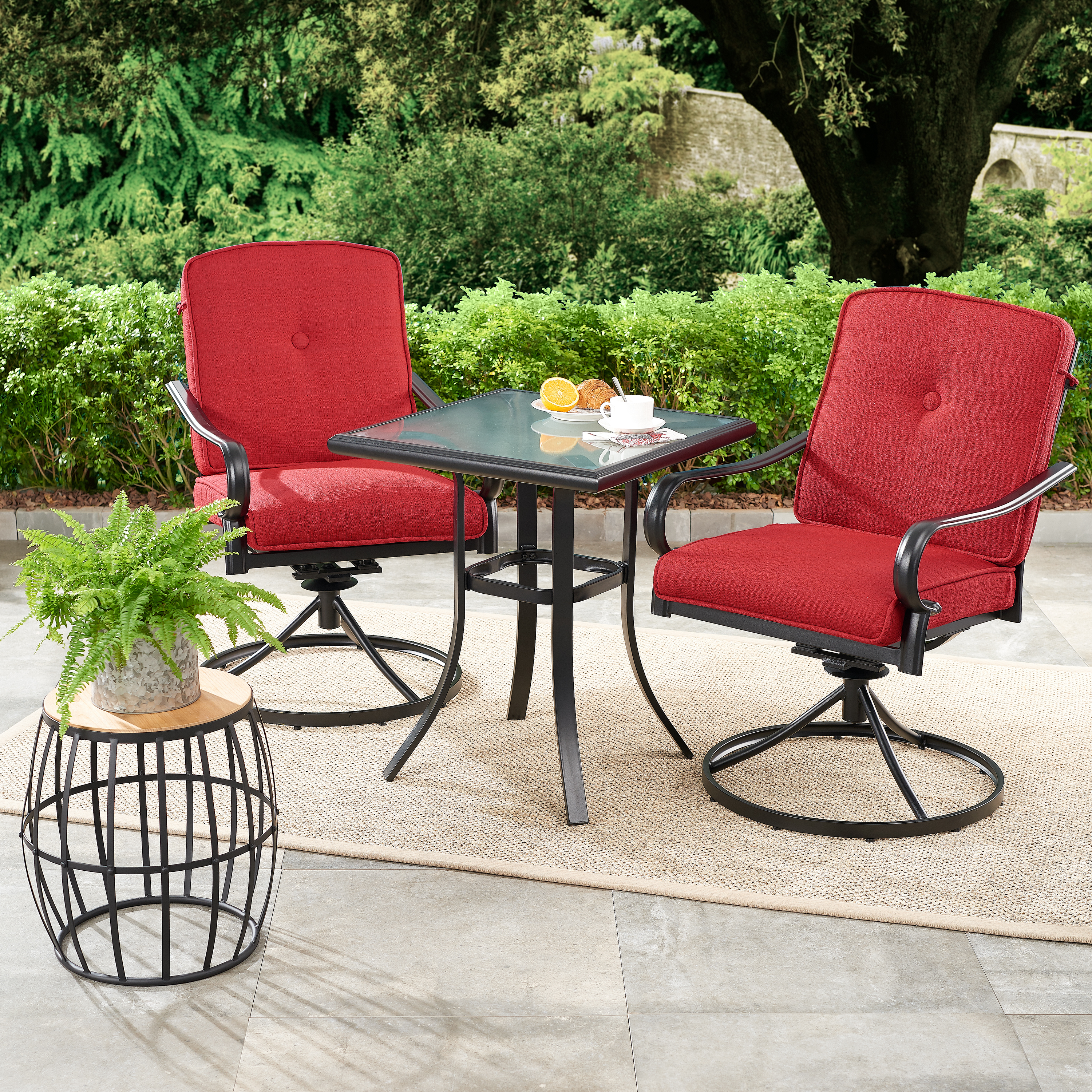 Mainstays Carson Creek 3 Piece Patio Bistro Set With Brick Red Cushions Walmart inside measurements 3000 X 3000