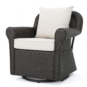 Noble House Amaya Dark Brown Swivel Wicker Outdoor Lounge Chair With Beige Cushions with regard to measurements 1000 X 1000