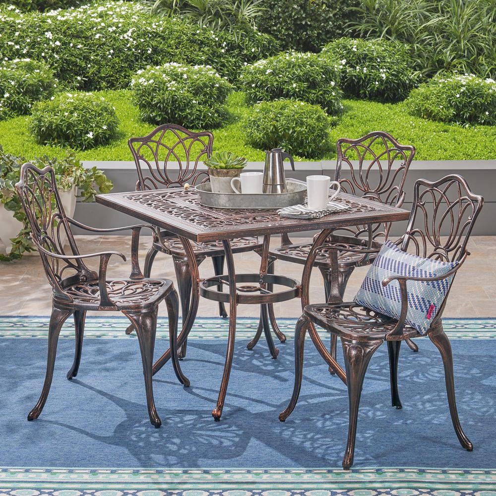 Noble House Tucson Shiny Copper 5 Piece Aluminum Outdoor Dining Set inside proportions 1000 X 1000