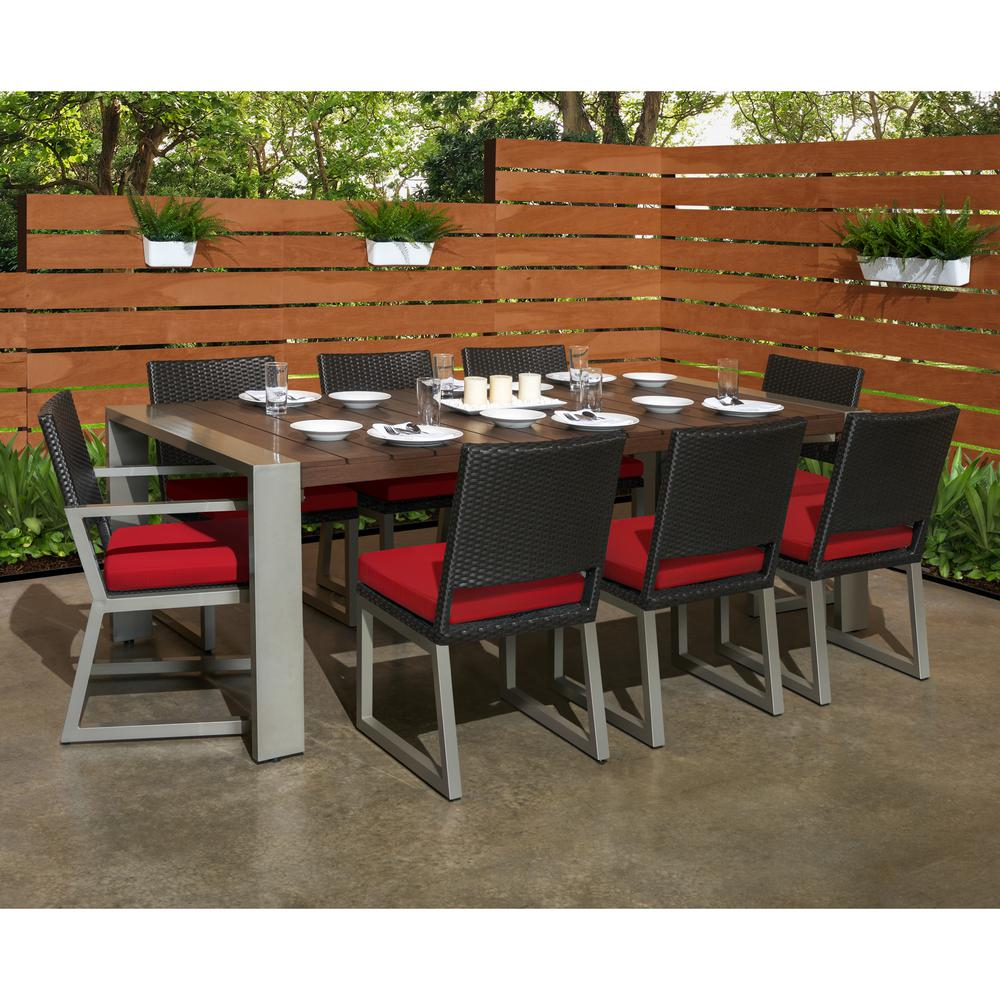 Rst Brands Milo Espresso 9 Piece Wicker Outdoor Dining Set With Sunbrella Sunset Red Cushions inside proportions 1000 X 1000