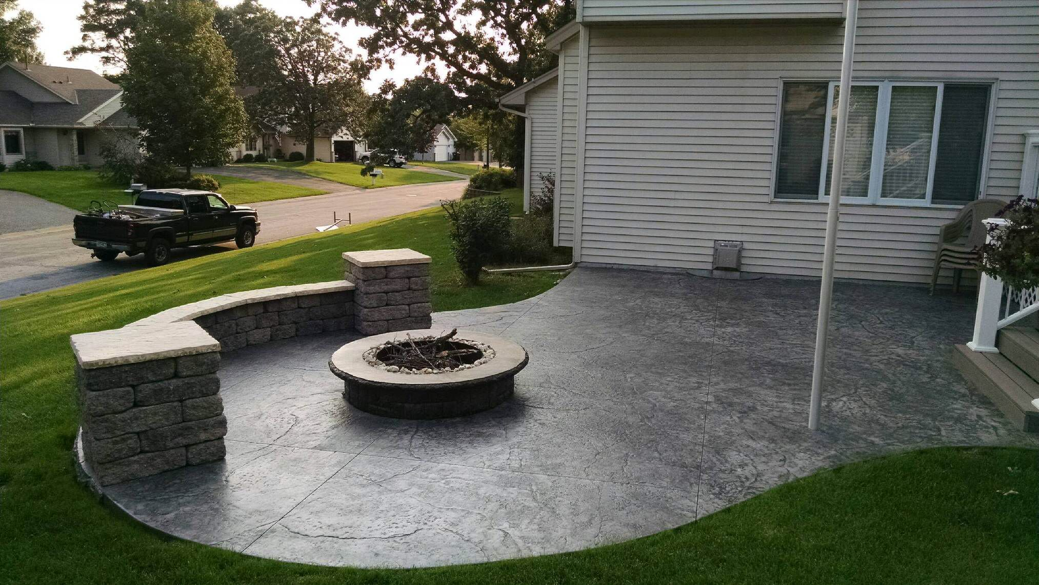 Stamped Concrete Patio With Fire Pit And Seating Walls with dimensions 2026 X 1140