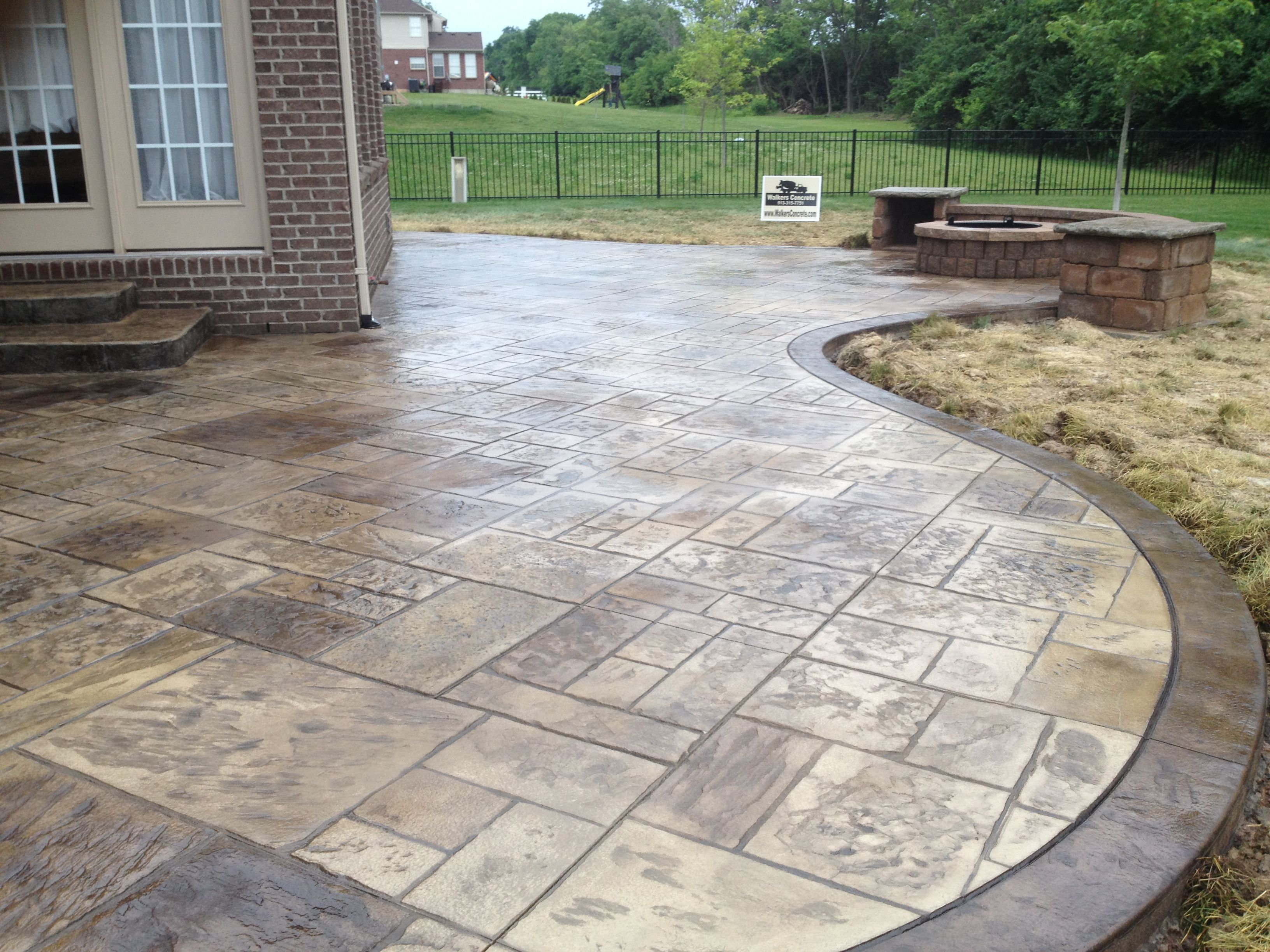 Stamped Concrete Patio With Seating Walls And Fire Pit within sizing 3264 X 2448