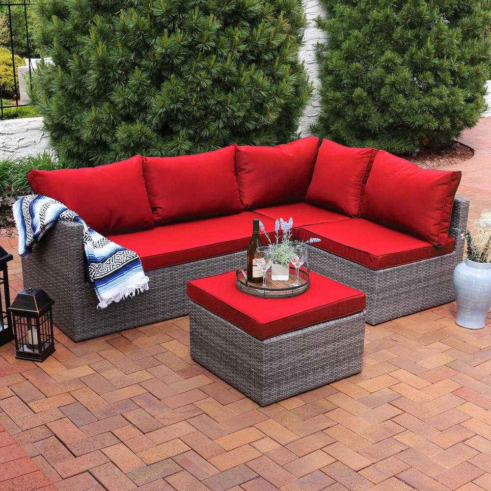 Sunnydaze Decor Port Antonio Gray 4 Piece Wicker Outdoor Sofa Sectional Patio Furniture Set With Red Cushions with size 1000 X 1000